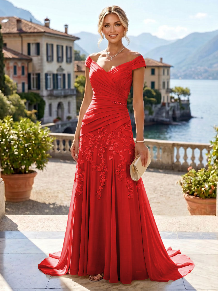 Chiffon Lace A-Line/Princess Off Shoulder Long Mother of the Bride & Groom Dresses with Ruched Waist & Sweep Train (SHI22501250)
