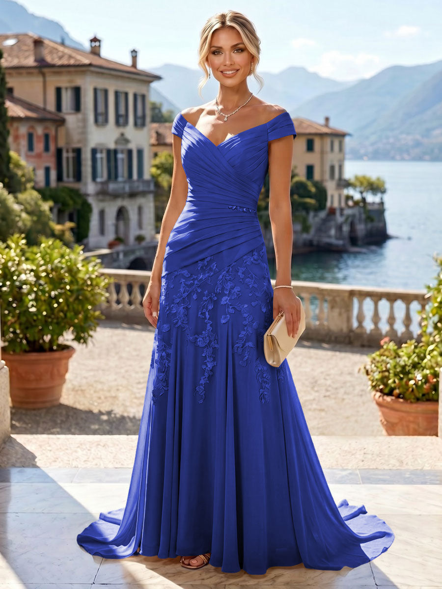Chiffon Lace A-Line/Princess Off Shoulder Long Mother of the Bride & Groom Dresses with Ruched Waist & Sweep Train (SHI22501250)