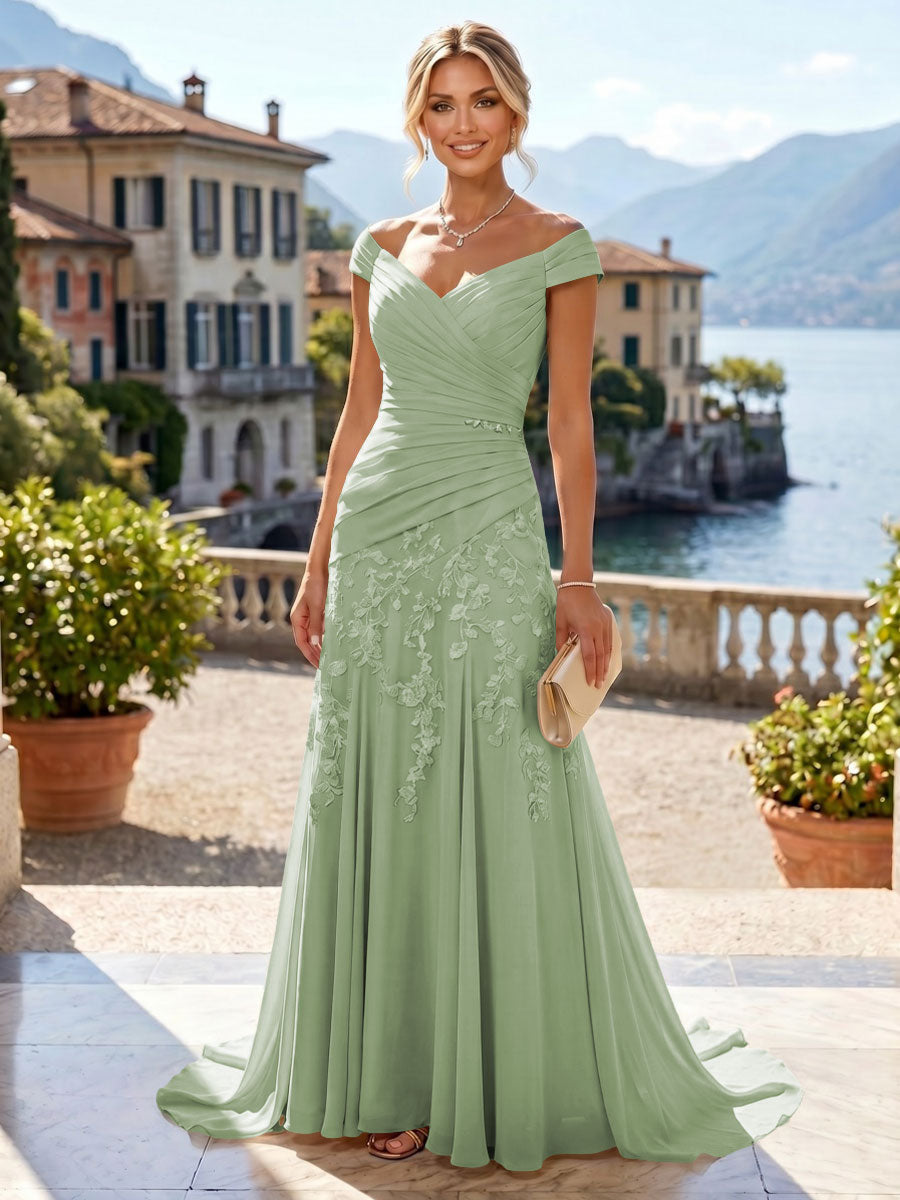 Chiffon Lace A-Line/Princess Off Shoulder Long Mother of the Bride & Groom Dresses with Ruched Waist & Sweep Train (SHI22501250)