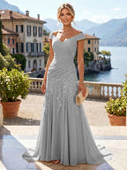 Chiffon Lace A-Line/Princess Off Shoulder Long Mother of the Bride & Groom Dresses with Ruched Waist & Sweep Train (SHI22501250)