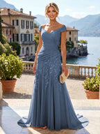 Chiffon Lace A-Line/Princess Off Shoulder Long Mother of the Bride & Groom Dresses with Ruched Waist & Sweep Train (SHI22501250)