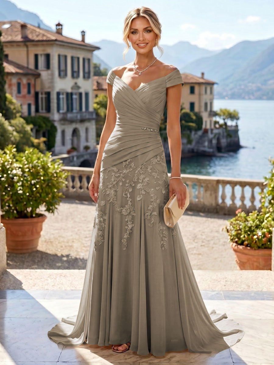 Chiffon Lace A-Line/Princess Off Shoulder Long Mother of the Bride & Groom Dresses with Ruched Waist & Sweep Train (SHI22501250)