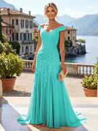 Chiffon Lace A-Line/Princess Off Shoulder Long Mother of the Bride & Groom Dresses with Ruched Waist & Sweep Train (SHI22501250)