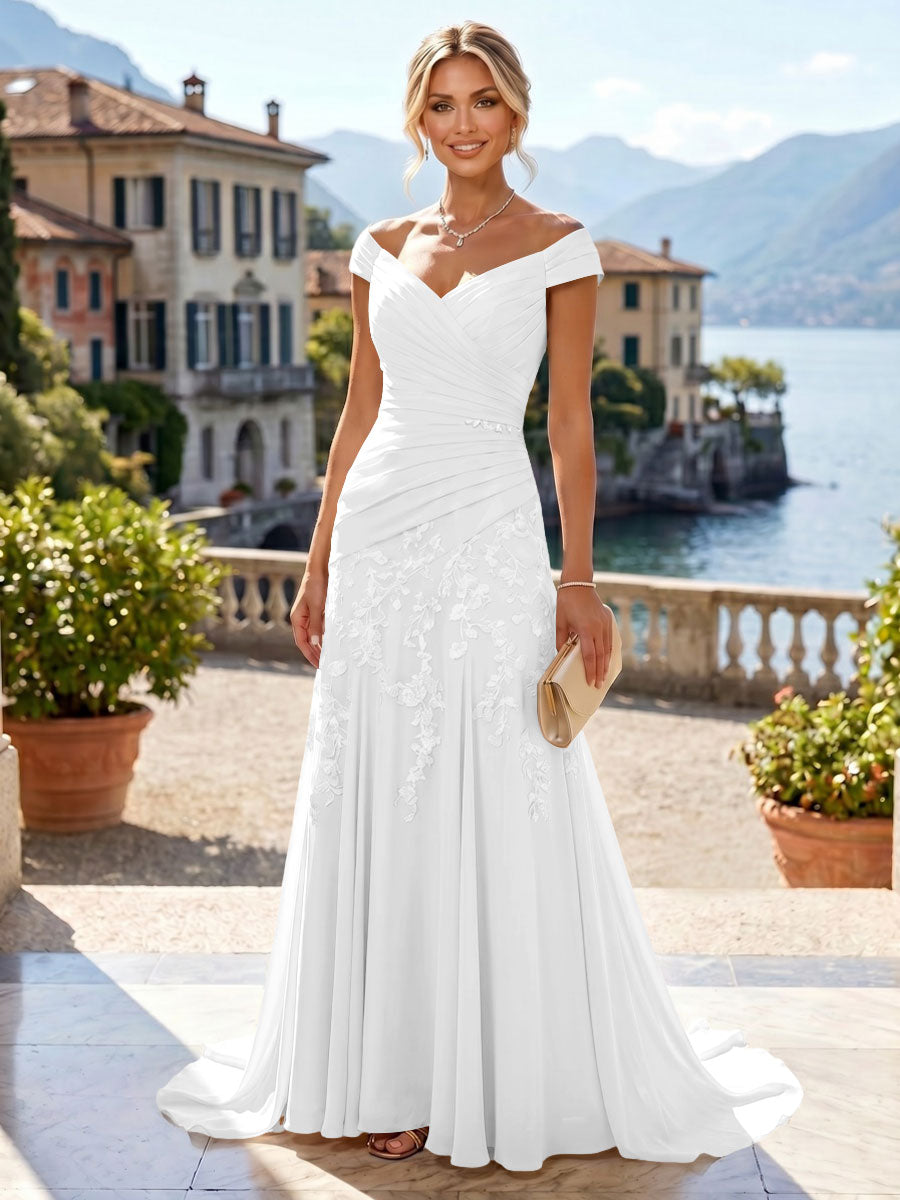 Chiffon Lace A-Line/Princess Off Shoulder Long Mother of the Bride & Groom Dresses with Ruched Waist & Sweep Train (SHI22501250)