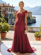 Chiffon Lace A-Line/Princess Off Shoulder Long Mother of the Bride & Groom Dresses with Ruched Waist & Sweep Train (SHI22501250)