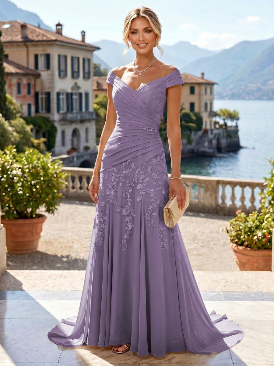 Chiffon Lace A-Line/Princess Off Shoulder Long Mother of the Bride & Groom Dresses with Ruched Waist & Sweep Train (SHI22501250)