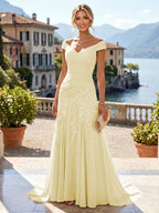 Chiffon Lace A-Line/Princess Off Shoulder Long Mother of the Bride & Groom Dresses with Ruched Waist & Sweep Train (SHI22501250)