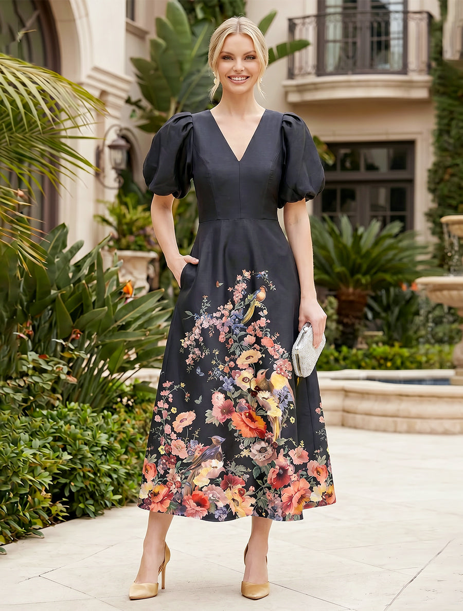 Floral Print A-Line/Princess V-Neck Tea-Length Mother of the Bride & Groom Dresses with Ruched Waist & Pockets (SHI22501150)