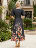 Floral Print A-Line/Princess V-Neck Tea-Length Mother of the Bride & Groom Dresses with Ruched Waist & Pockets (SHI22501150)
