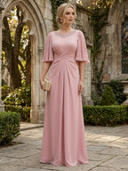 Chiffon A-Line/Princess Scoop Neck Floor-Length Mother of the Bride & Groom Dresses with Ruched Waist (SHI22501277)