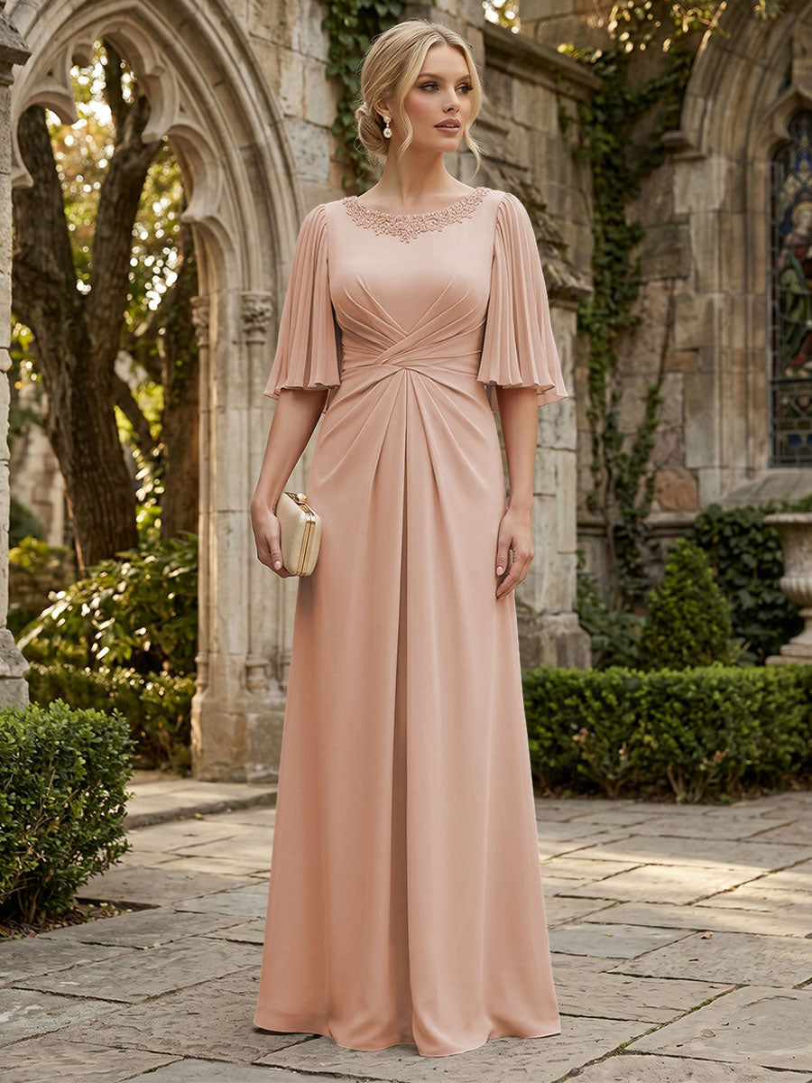 Chiffon A-Line/Princess Scoop Neck Floor-Length Mother of the Bride & Groom Dresses with Ruched Waist (SHI22501277)