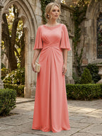 Chiffon A-Line/Princess Scoop Neck Floor-Length Mother of the Bride & Groom Dresses with Ruched Waist (SHI22501277)