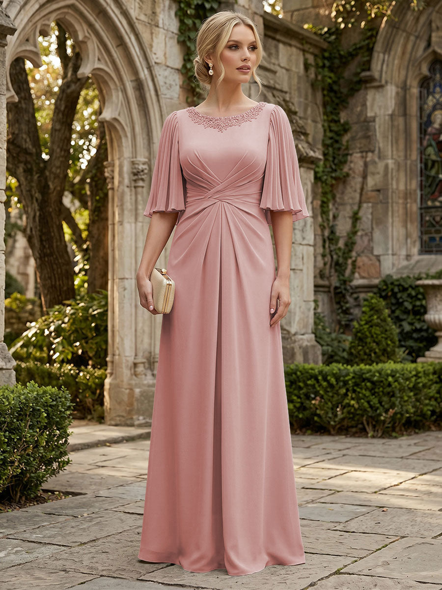 Chiffon A-Line/Princess Scoop Neck Floor-Length Mother of the Bride & Groom Dresses with Ruched Waist (SHI22501277)
