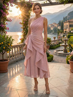 A-Line/Princess Scoop Neck Tea-Length Mother of the Bride & Groom Dresses with Ruffles & Ruched Waist (SHI22501287)