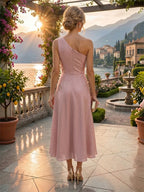 A-Line/Princess One Shoulder Tea-Length Mother of the Bride & Groom Dresses with Ruffles & Ruched Waist (SHI22501283)