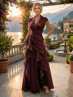 A-Line/Princess V-Neck Floor-Length Mother of the Bride & Groom Dresses with Ruffles & Ruched Waist (SHI22501284)