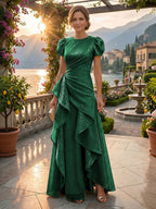 A-Line/Princess Scoop Neck Tea-Length Mother of the Bride & Groom Dresses with Ruffles & Ruched Waist (SHI22501287)