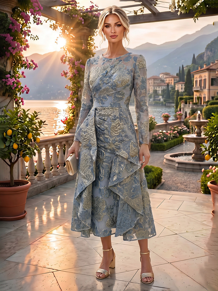 A-Line/Princess Scoop Neck Tea-Length Mother of the Bride & Groom Dresses with Ruffles & Ruched Waist (SHI22501287)