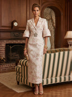 Sheath Satin Tea-Length Mother of the Bride & Groom Dresses with 3/4 Bell Sleeves & Crystal Embellished Belt (SHI22500471)