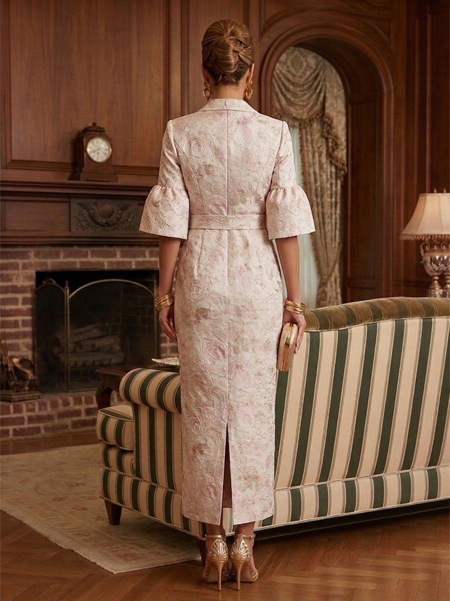 Sheath Satin Tea-Length Mother of the Bride & Groom Dresses with 3/4 Bell Sleeves & Crystal Embellished Belt (SHI22500471)