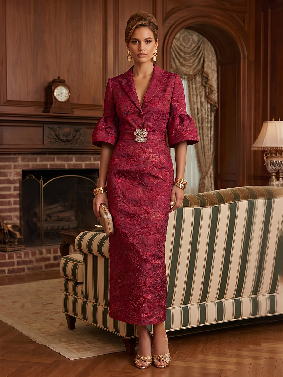 Jacquard Sheath/Column V-Neck Tea-Length Mother of the Bride & Groom Dresses for Women (SHI22501292)