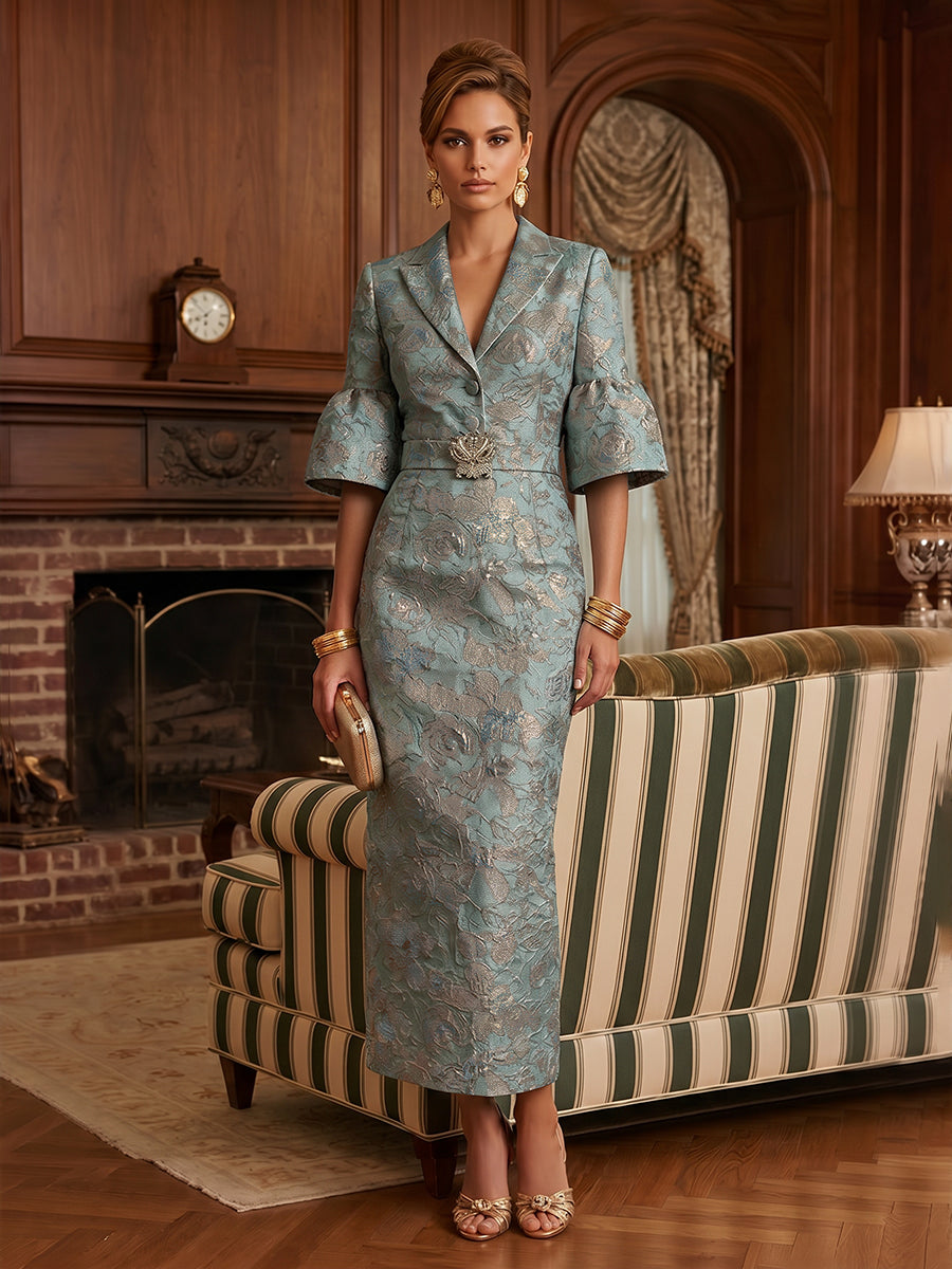 Jacquard Sheath/Column V-Neck Tea-Length Mother of the Bride & Groom Dresses for Women (SHI22501292)
