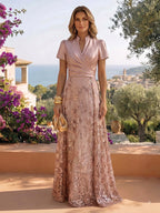 Jacquard Sheath/Column 3/4 Sleeves Floor-Length Mother of the Bride & Groom Dresses with Ruched Waist & Rhinestones (SHI22500801)