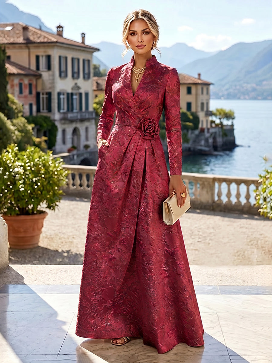 Jacquard A-Line/Princess V-Neck Floor-Length Mother of the Bride & Groom Dresses with Ruched Waist & Pockets (SHI22501298)