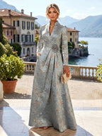 Jacquard A-Line/Princess V-Neck Floor-Length Mother of the Bride & Groom Dresses with Ruched Waist & Pockets (SHI22501298)