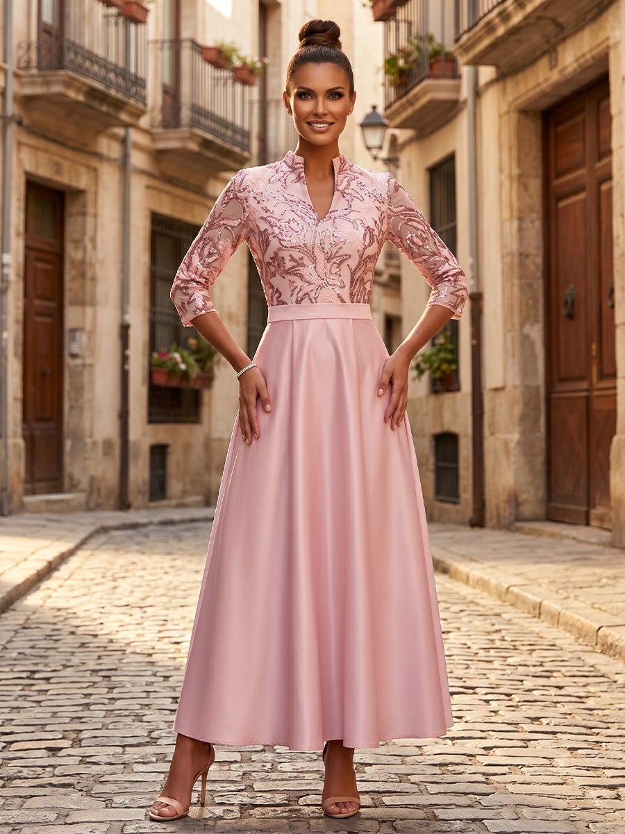 Sequin Floral A-Line/Princess V-Neck Floor-Length Mother of the Bride & Groom Dresses with 3D Flowers & Pleats (SHI22501348)