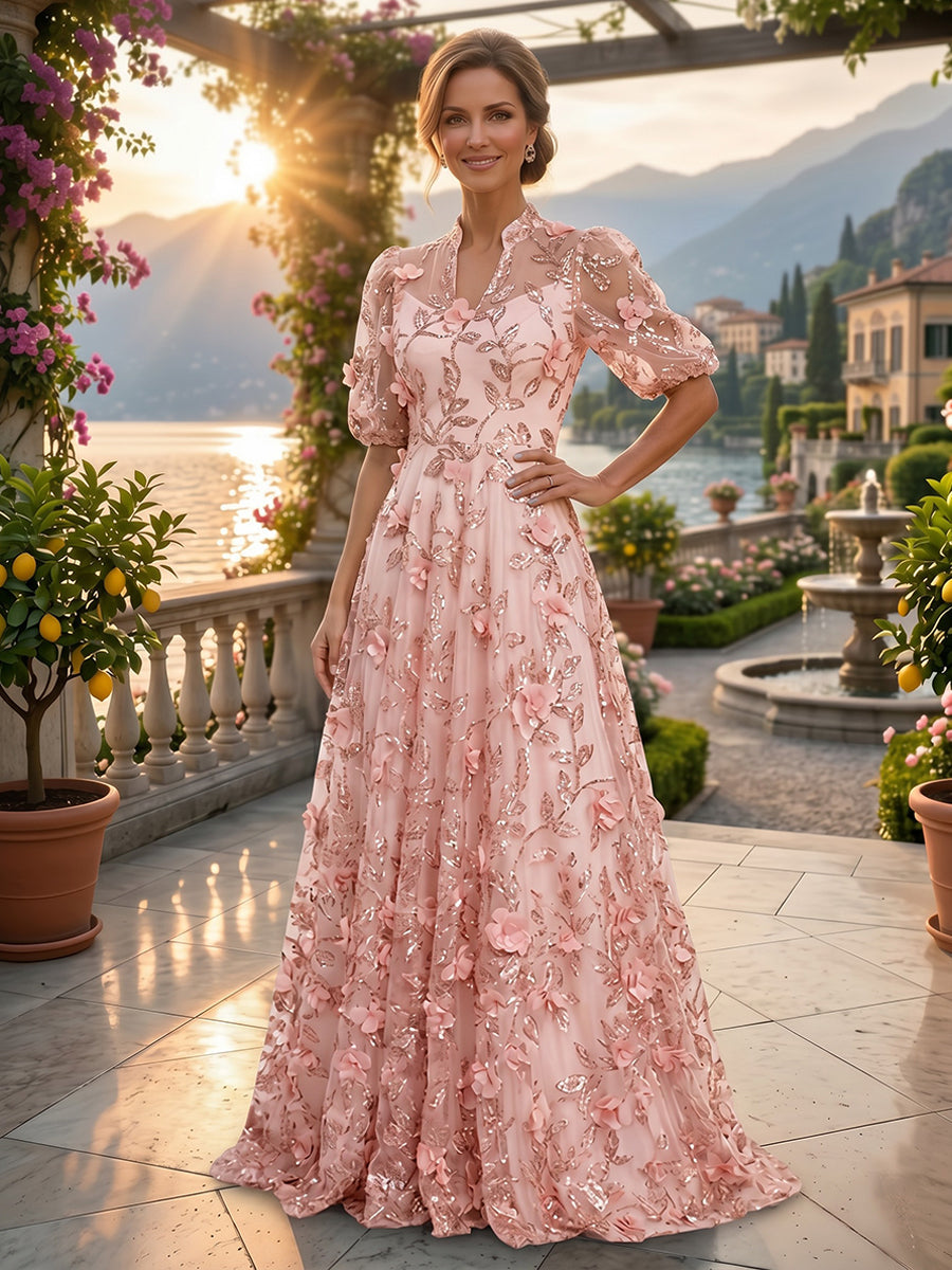 Sequin Floral A-Line/Princess V-Neck Floor-Length Mother of the Bride & Groom Dresses with 3D Flowers & Pleats (SHI22501348)
