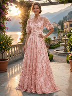 Sequin Floral A-Line/Princess V-Neck Floor-Length Mother of the Bride & Groom Dresses with 3D Flowers & Pleats (SHI22501350)