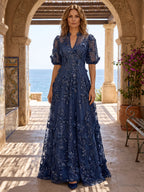 Sequin Floral A-Line/Princess V-Neck Floor-Length Mother of the Bride & Groom Dresses with 3D Flowers & Pleats (SHI22501350)