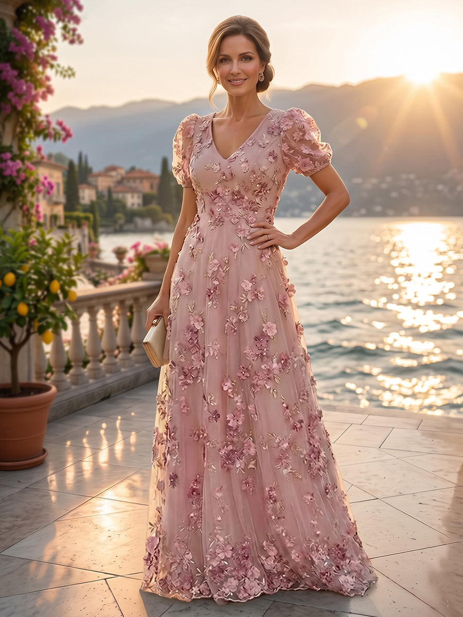 Tulle A-Line/Princess V-Neck Floor-Length Mother of the Bride & Groom Dresses with 3D Flowers (SHI22501351)