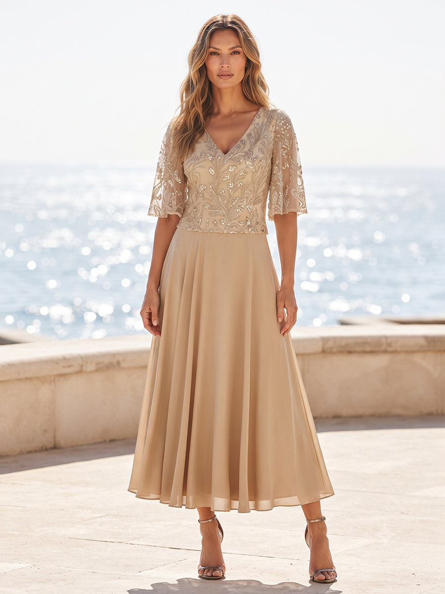 Chiffon A-Line/Princess V-Neck Tea-Length Mother of the Bride & Groom Dresses with Pleats (SHI22501352)
