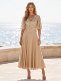 Chiffon A-Line/Princess V-Neck Tea-Length Mother of the Bride & Groom Dresses with Pleats (SHI22501352)