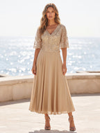 Chiffon A-Line/Princess V-Neck Tea-Length Mother of the Bride & Groom Dresses with Pleats (SHI22501352)