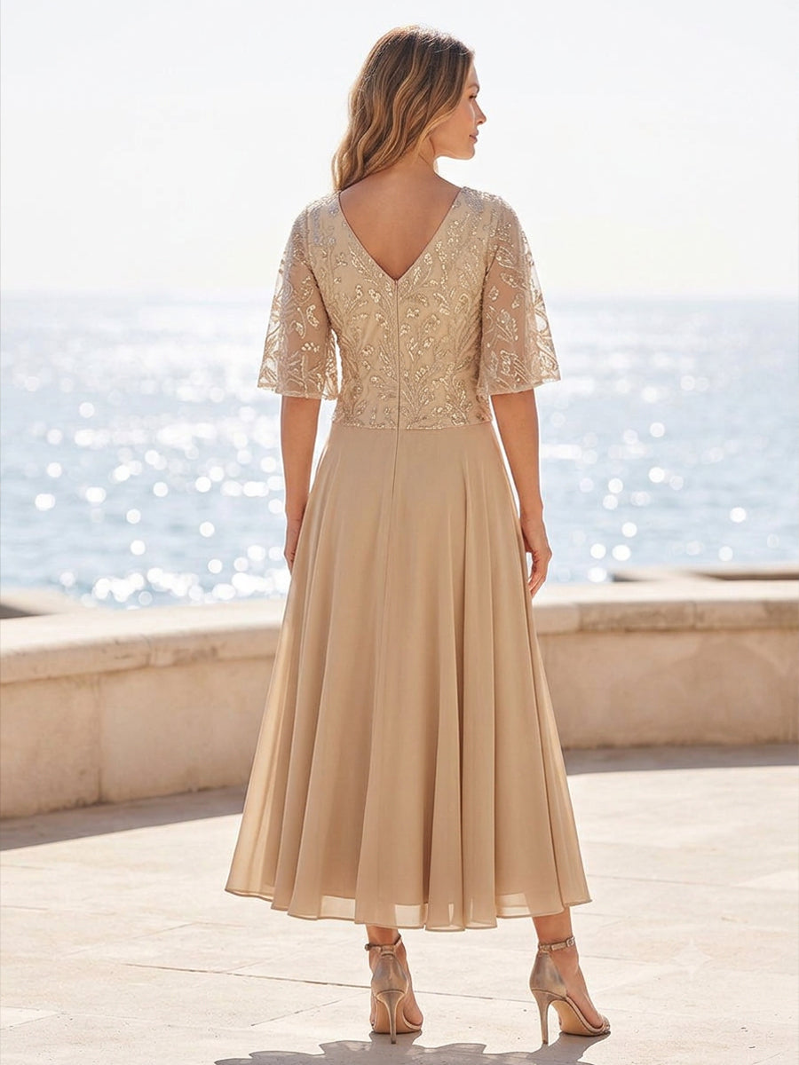 Chiffon A-Line/Princess V-Neck Tea-Length Mother of the Bride & Groom Dresses with Pleats (SHI22501352)