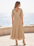 Chiffon A-Line/Princess V-Neck Tea-Length Mother of the Bride & Groom Dresses with Pleats (SHI22501352)