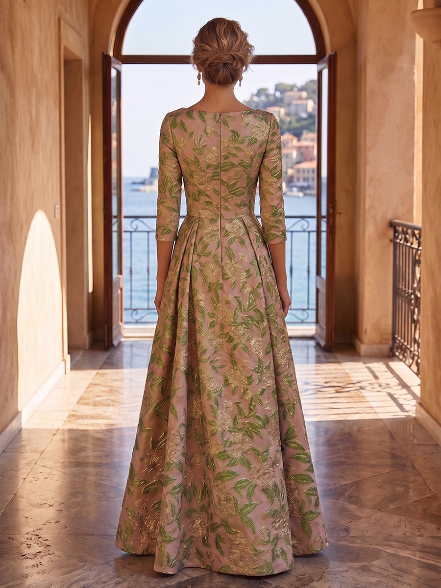 Jacquard A-Line/Princess Asymmetric Neck Floor-Length Mother of the Bride & Groom Dresses with Pleats (SHI22501354)