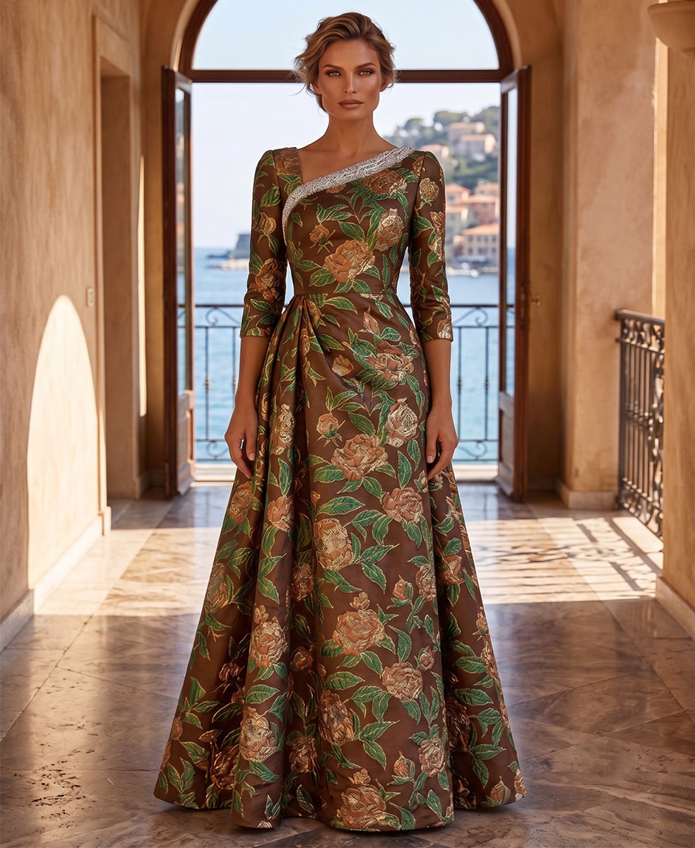 Jacquard A-Line/Princess Asymmetric Neck Floor-Length Mother of the Bride & Groom Dresses with Pleats (SHI22501354)
