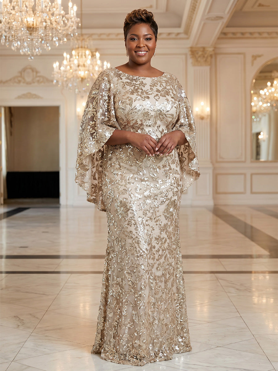 Plus Size Sequin Floral Sheath/Column Scoop Neck Floor-Length Mother of the Bride & Groom Dresses for Women (SHI22501373)