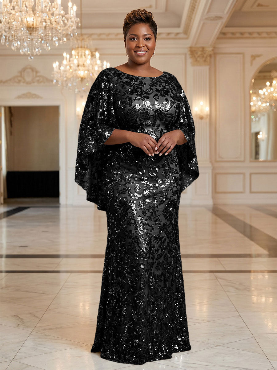 Plus Size Sequin Floral Sheath/Column Scoop Neck Floor-Length Mother of the Bride & Groom Dresses for Women (SHI22501373)