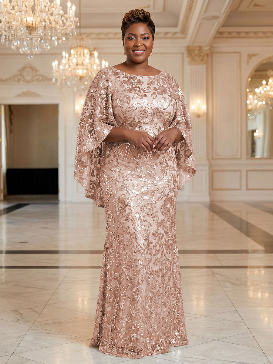 Plus Size Sequin Floral Sheath/Column Scoop Neck Floor-Length Mother of the Bride & Groom Dresses for Women (SHI22501373)