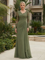 Chiffon Sheath/Column V-Neck Floor-Length Mother of the Bride & Groom Dresses with Lace Embroidery Bodice & Ruched Waist (SHI22501510)