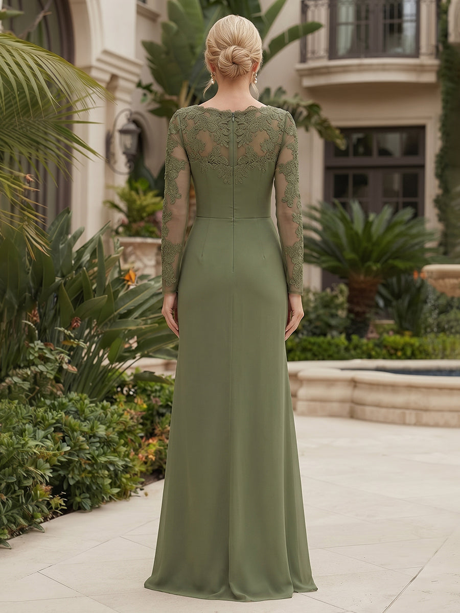 Chiffon Sheath/Column V-Neck Floor-Length Mother of the Bride & Groom Dresses with Lace Embroidery Bodice & Ruched Waist (SHI22501510)