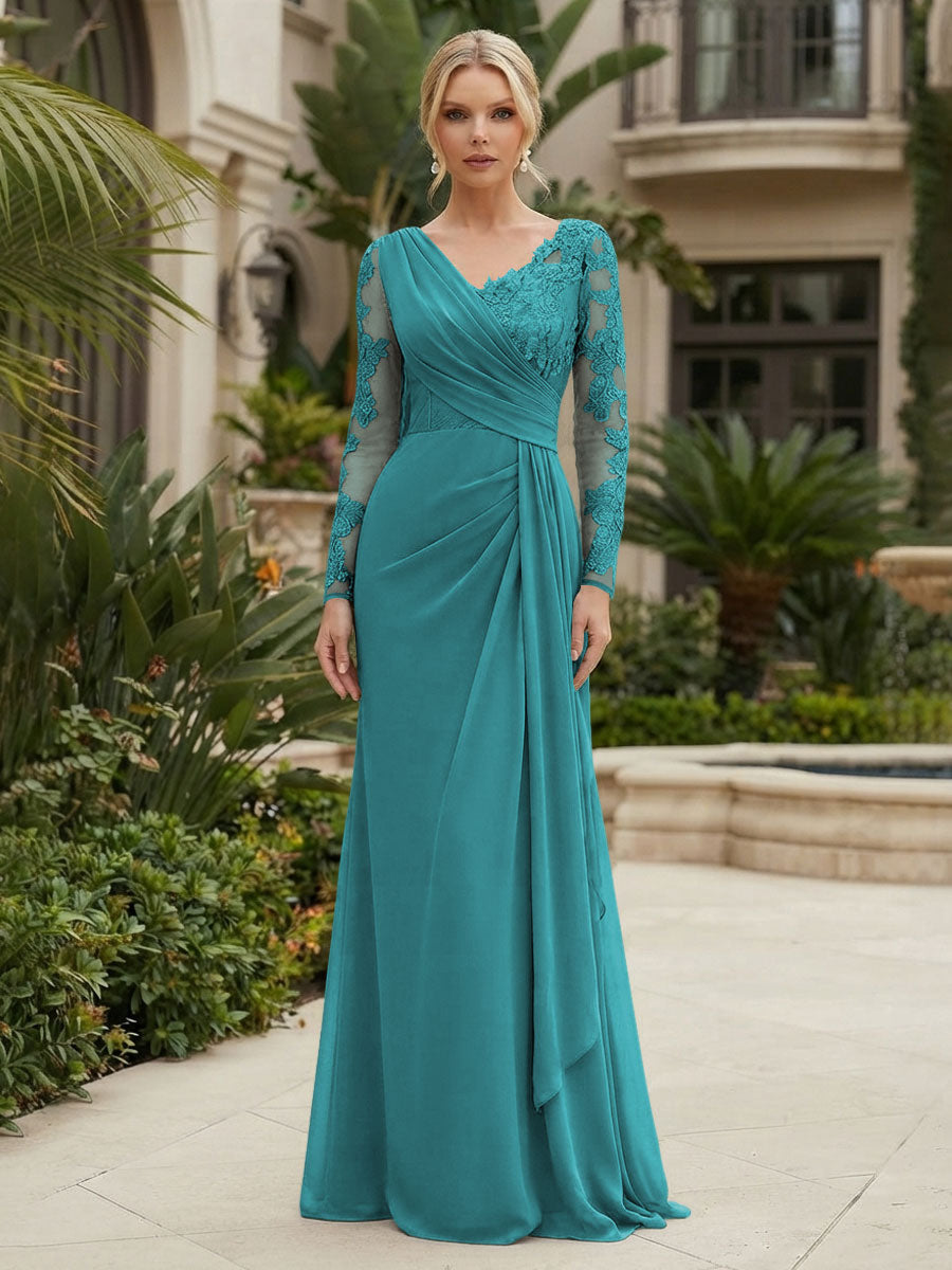 Chiffon Sheath/Column V-Neck Floor-Length Mother of the Bride & Groom Dresses with Lace Embroidery Bodice & Ruched Waist (SHI22501510)