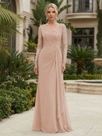 Chiffon Sheath/Column V-Neck Floor-Length Mother of the Bride & Groom Dresses with Lace Embroidery Bodice & Ruched Waist (SHI22501510)