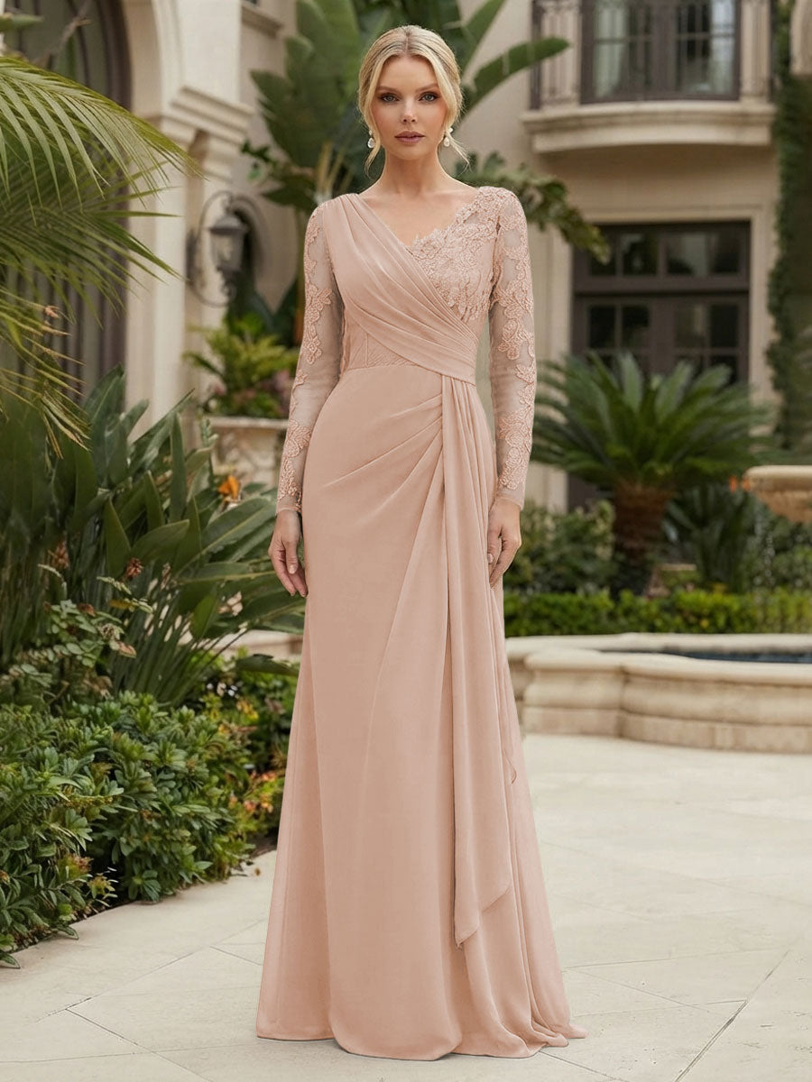 Chiffon Sheath/Column V-Neck Floor-Length Mother of the Bride & Groom Dresses with Lace Embroidery Bodice & Ruched Waist (SHI22501510)