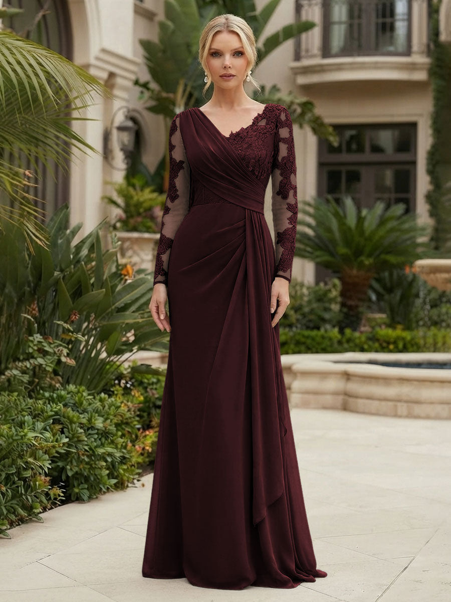 Chiffon Sheath/Column V-Neck Floor-Length Mother of the Bride & Groom Dresses with Lace Embroidery Bodice & Ruched Waist (SHI22501510)
